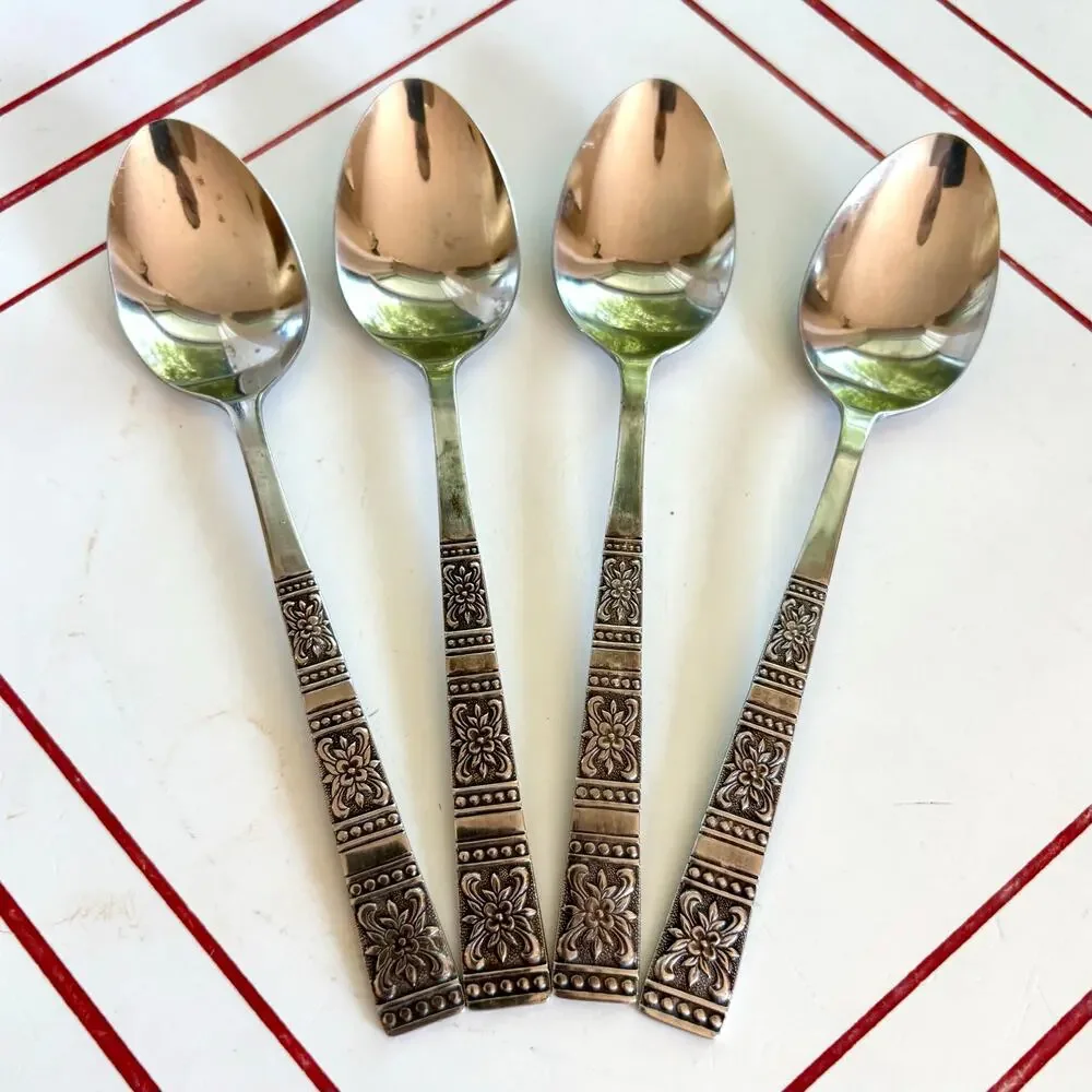 Vintage Tremont Japan Floral Teaspoons Set of 4 MCM Stainless Flatware